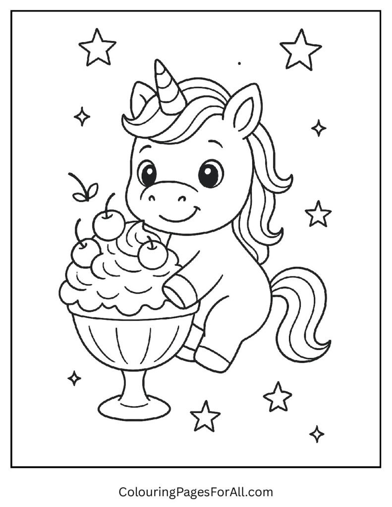 Unicorn with giant ice cream sundae fun coloring sheet 1 pdf