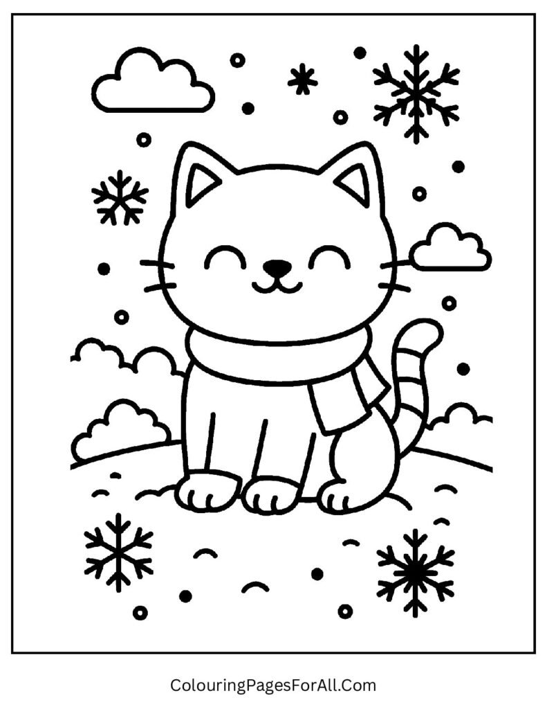 Winter cat in scarf playing in snow coloring sheet