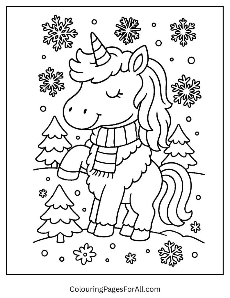 Winter unicorn coloring page in snowy wonderland with scarf 1 1 pdf