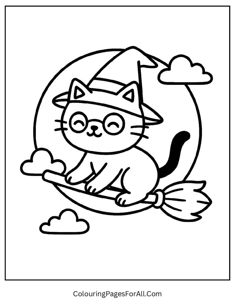 Witch cat flying on broomstick over moon coloring sheet