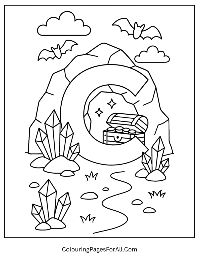 Adventure cave coloring page with crystals, bats, and letter C-shaped entrance