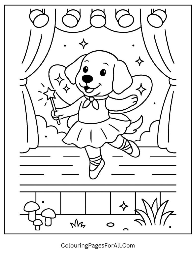 Ballet dancing puppy on stage with spotlight and tutu