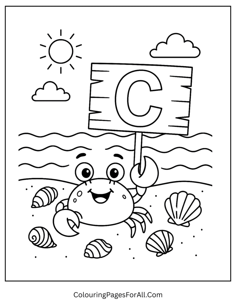 Beach-themed coloring page with a happy crab holding the letter C for preschoolers