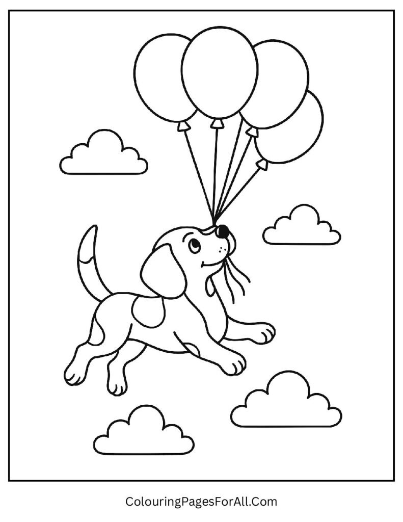 Beagle dog holding balloons flying in the sky printable coloring sheet