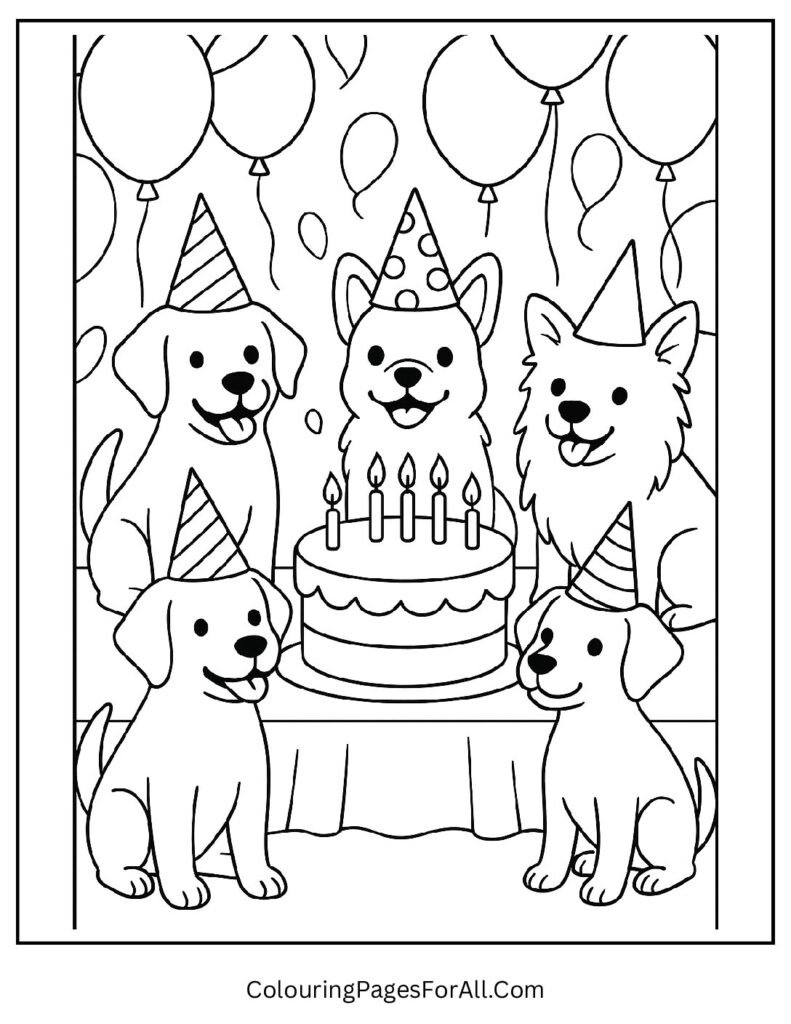 Birthday party with dogs wearing hats and eating cake