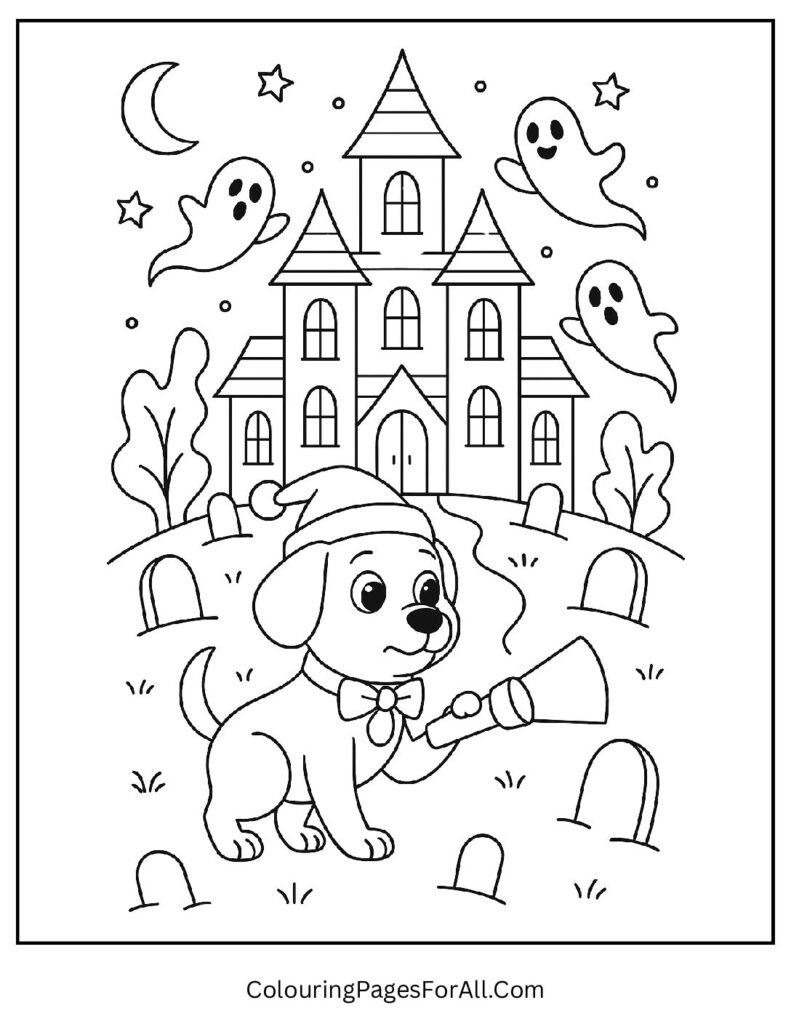 Brave puppy exploring haunted house with friendly ghosts
