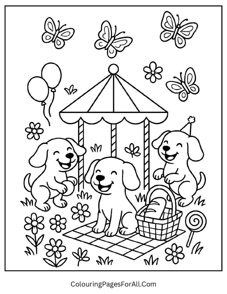 Butterfly meadow with puppies enjoying picnic and flowers