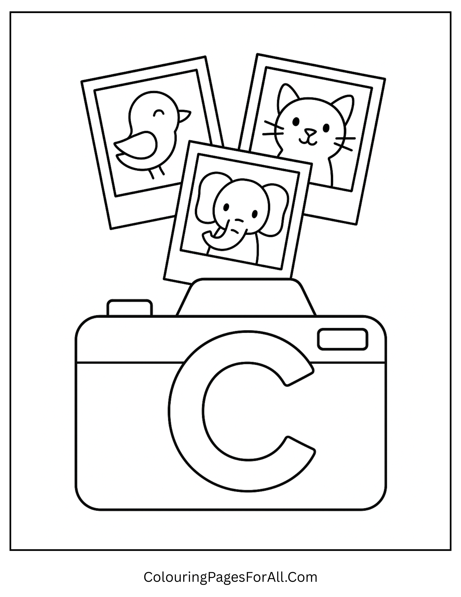 Camera coloring page for kids with a lens forming the letter C and photo snapshots