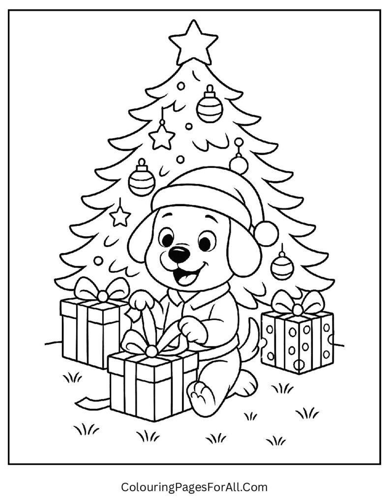 Christmas puppy unwrapping gifts under festive tree scene