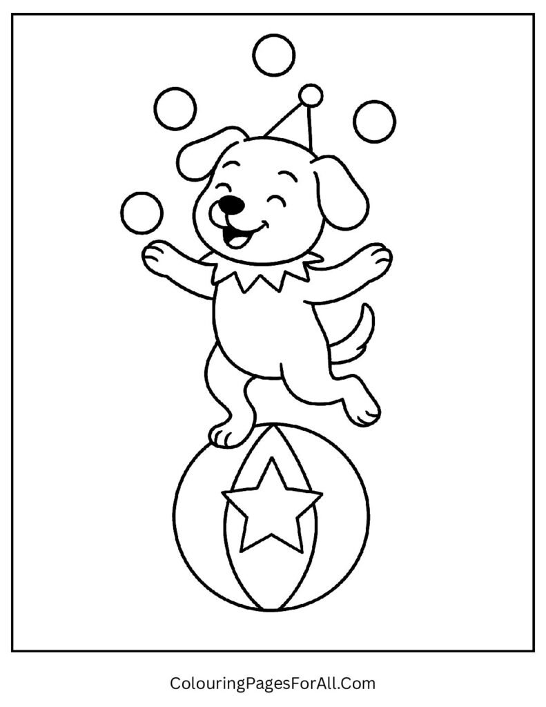 Circus puppy performing tricks with balls detailed coloring page