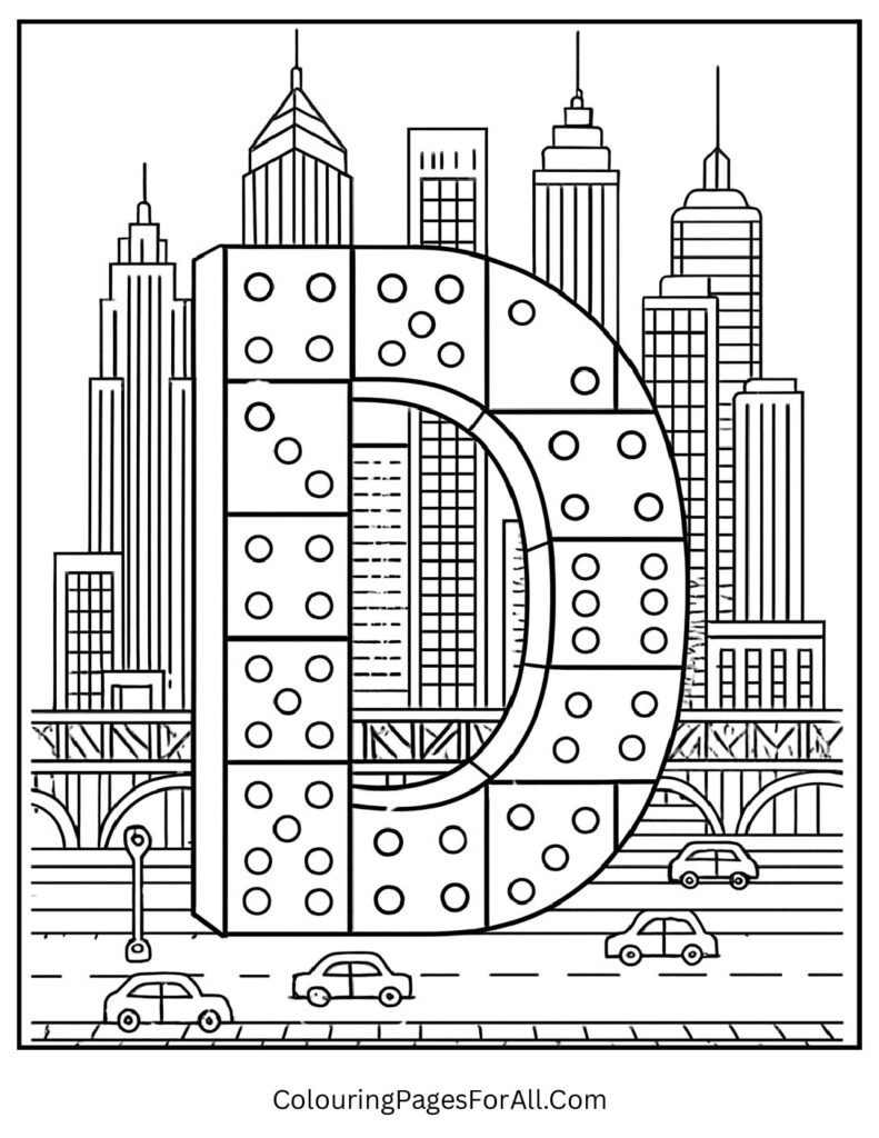 Cityscape Letter D built from dominoes, skyscrapers, cars, urban roads; creative educational coloring sheet