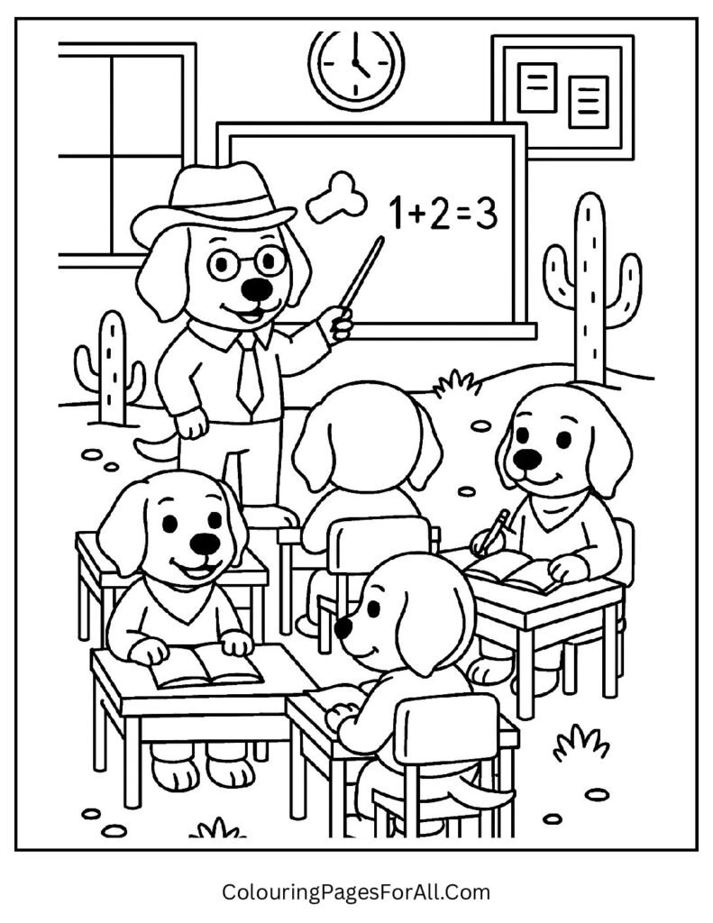 Classroom of puppies learning with chalkboard and books
