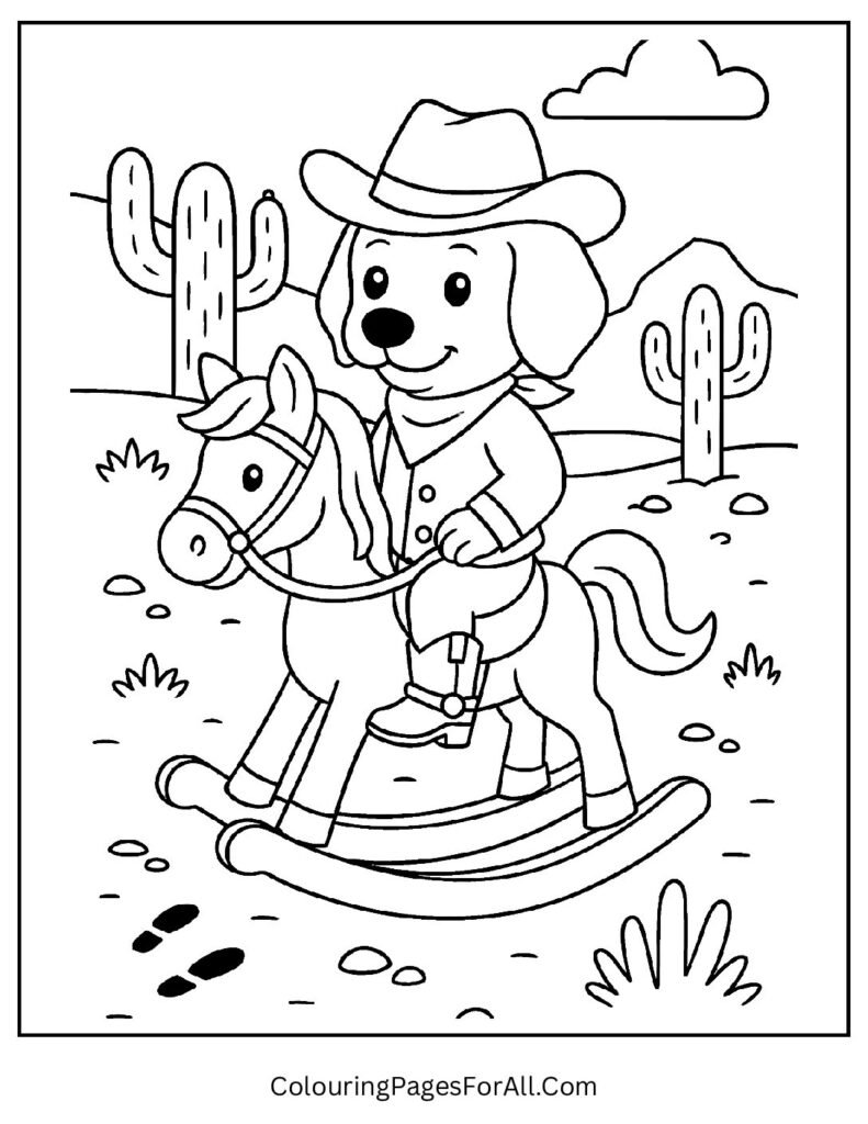 Cowboy dog riding toy horse in Wild West dog coloring sheet