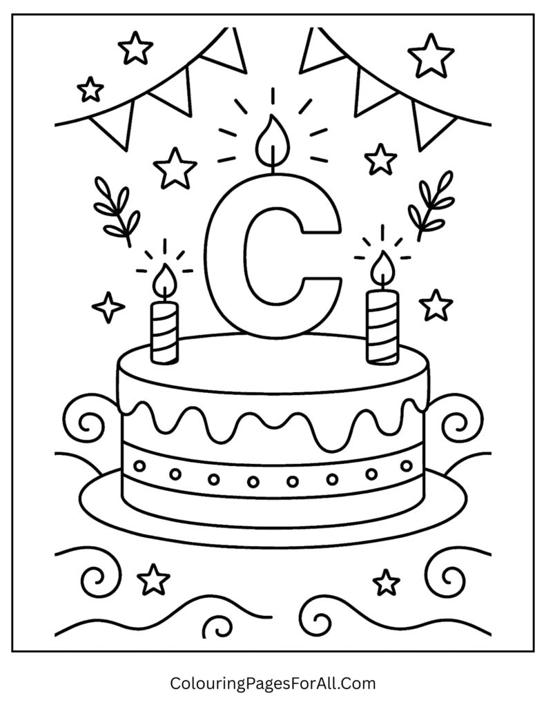 Cozy candle coloring page for children with the letter C in wax design and festive details