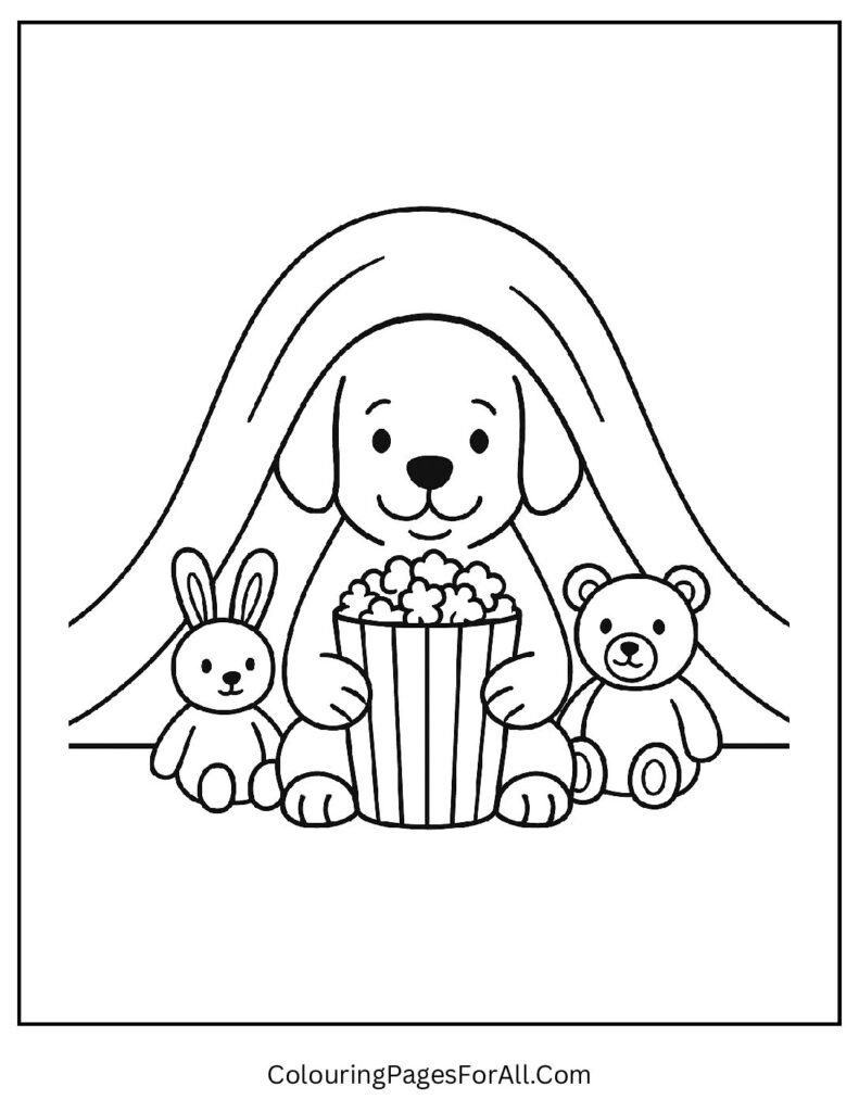 Cozy puppy under blankets watching movie with popcorn