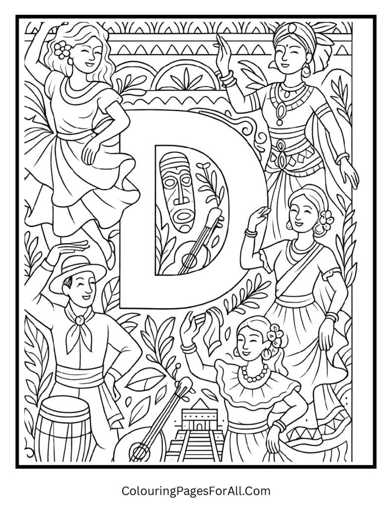 Cultural dance festival Letter D coloring sheet with traditional costumes, music instruments; kids learning activity