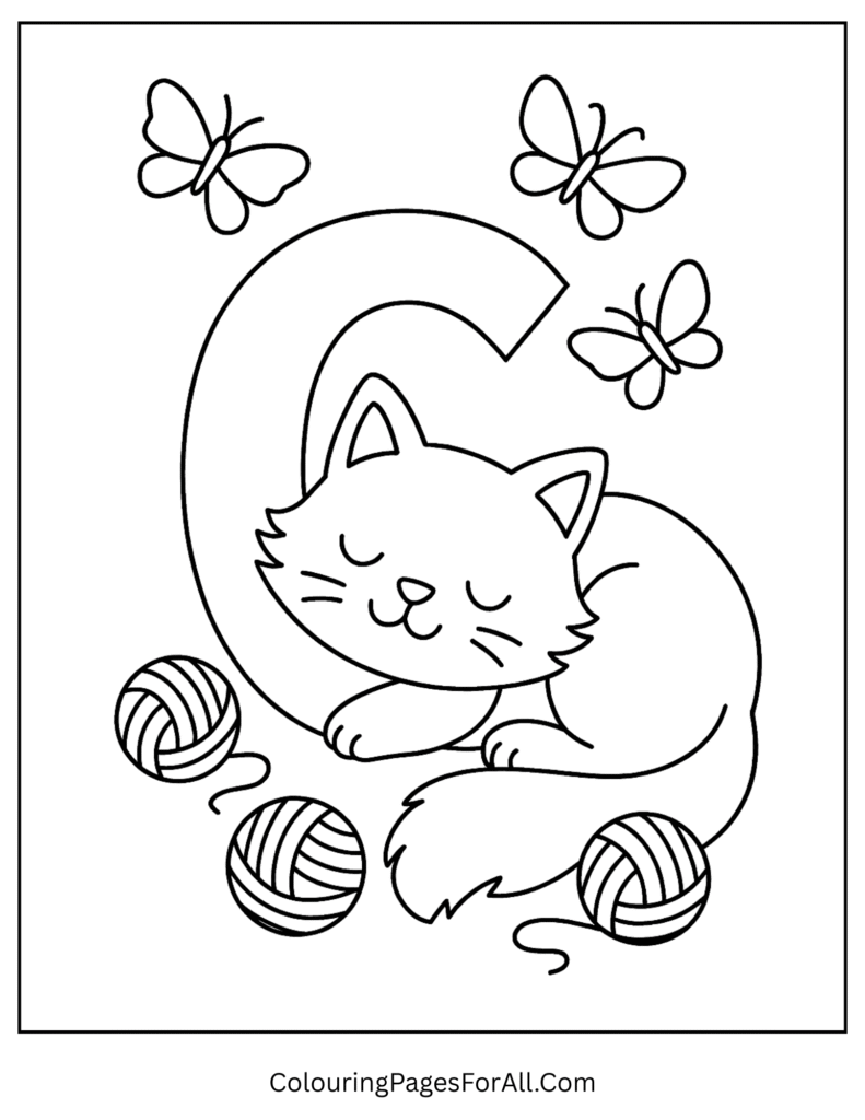 Cute cat coloring page featuring the letter C and playful kitten details for children (2)