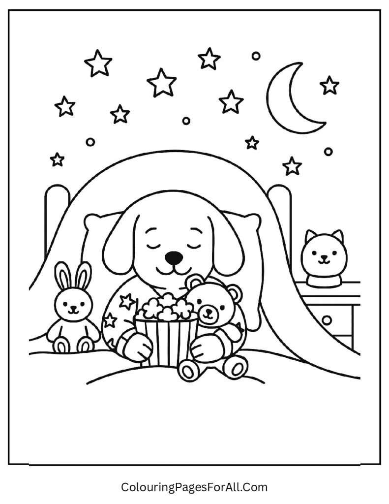 Cute puppy in pajamas cuddled with teddy bear at bedtime