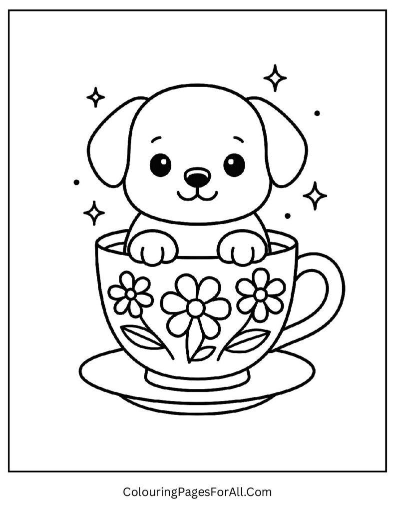 Cute puppy sitting inside a floral teacup coloring page for kids