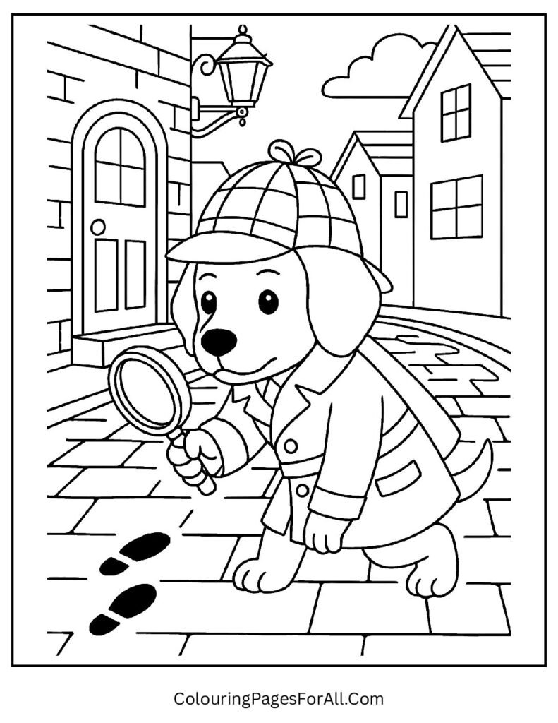 Detective dog with magnifying glass solving mysteries coloring page