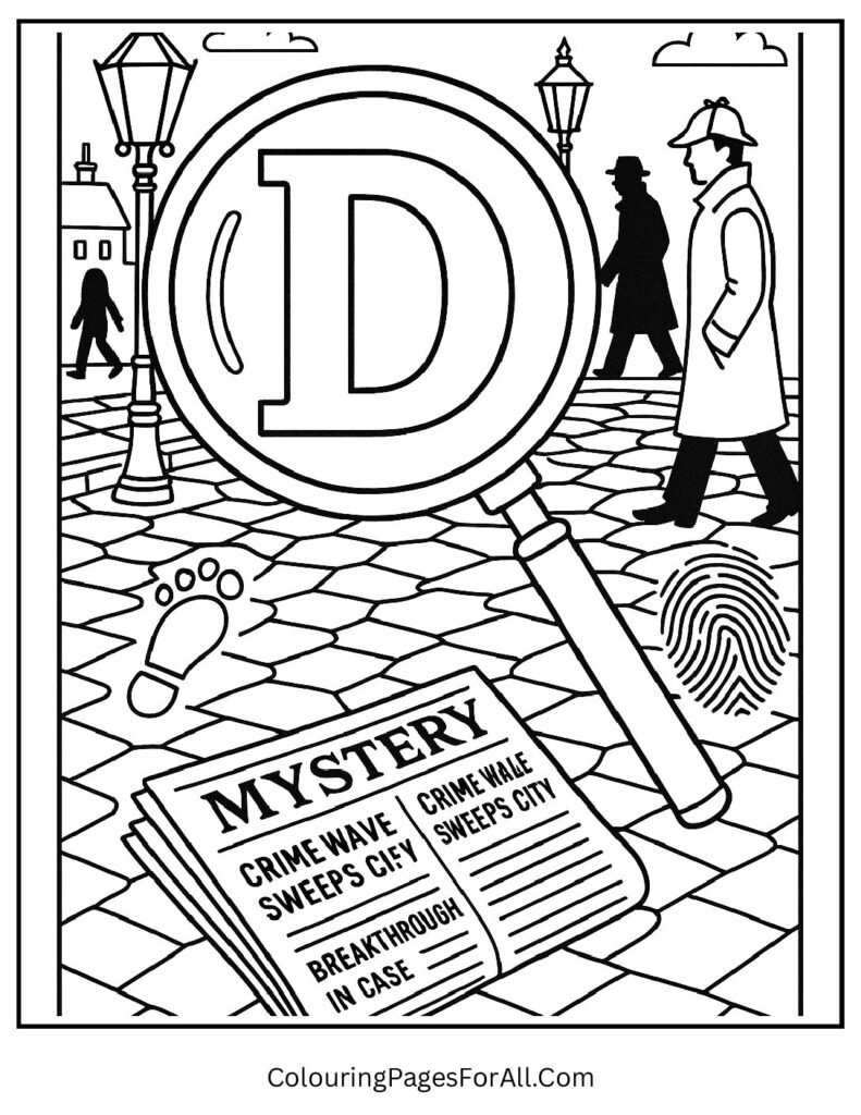 Detective mystery Letter D coloring page with magnifying glass, clues, cobblestone streets; critical thinking activity