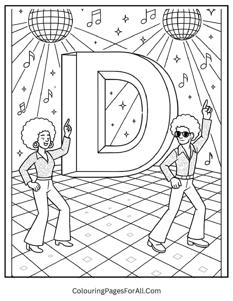 Disco-themed Letter D coloring page with dancers, disco balls, music notes; retro kids activity printable (1)