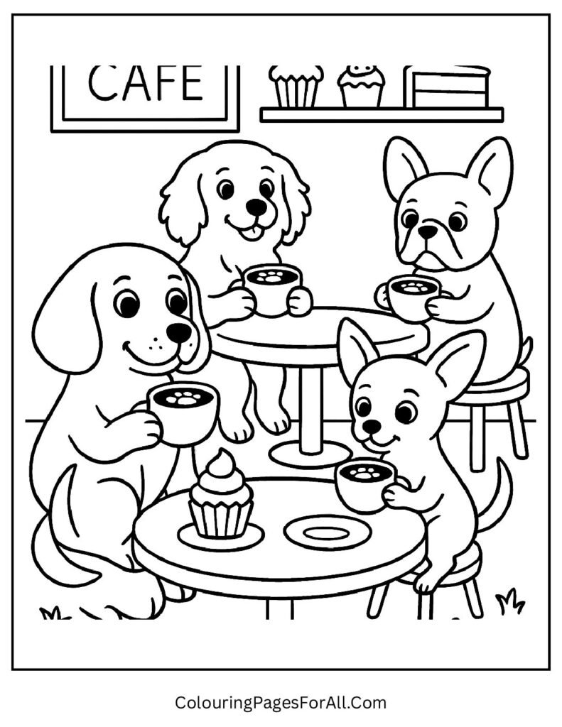 Dog café scene with puppies drinking pup-lattes and desserts