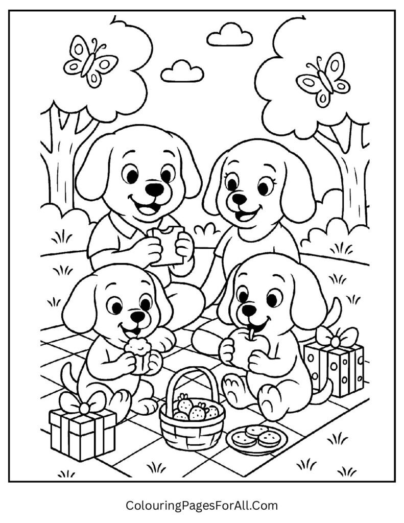 Dog family having picnic with snacks and butterflies in park