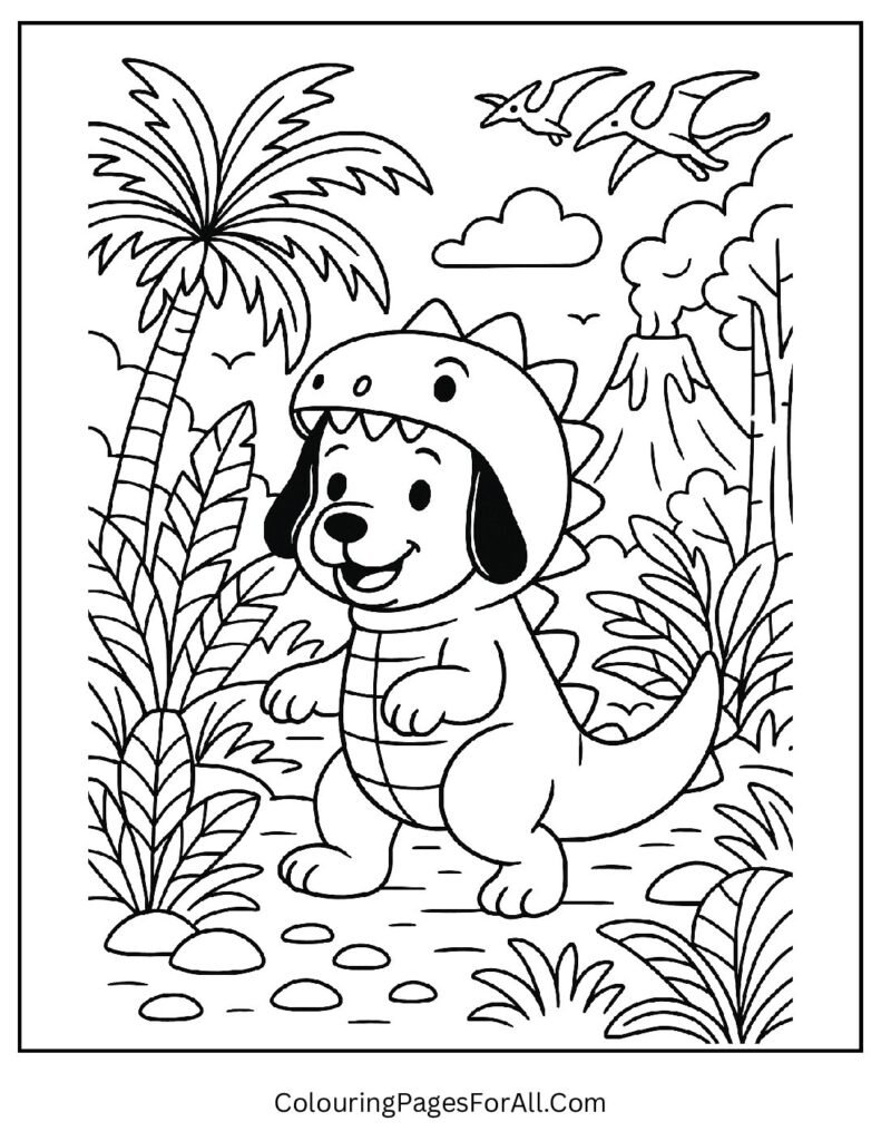 Dog in dinosaur costume exploring a Jurassic jungle scene
