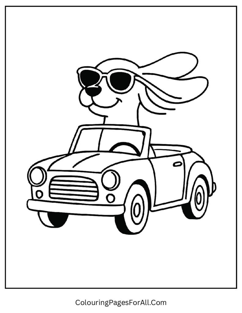 Dog riding vintage car with sunglasses and windy ears