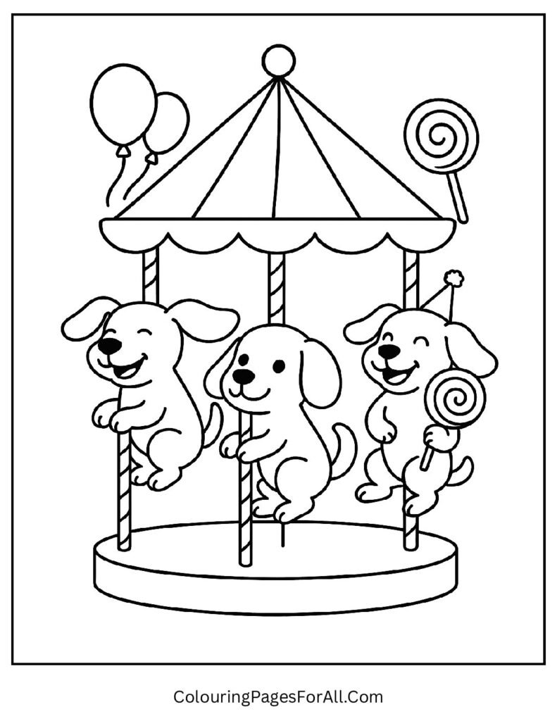 Dogs riding carousel at carnival with balloons and fun