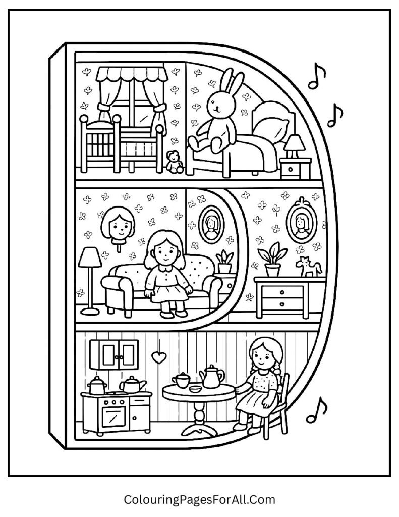 Dollhouse-shaped Letter D with miniature rooms, dolls, tiny furniture; imaginative kids coloring printable