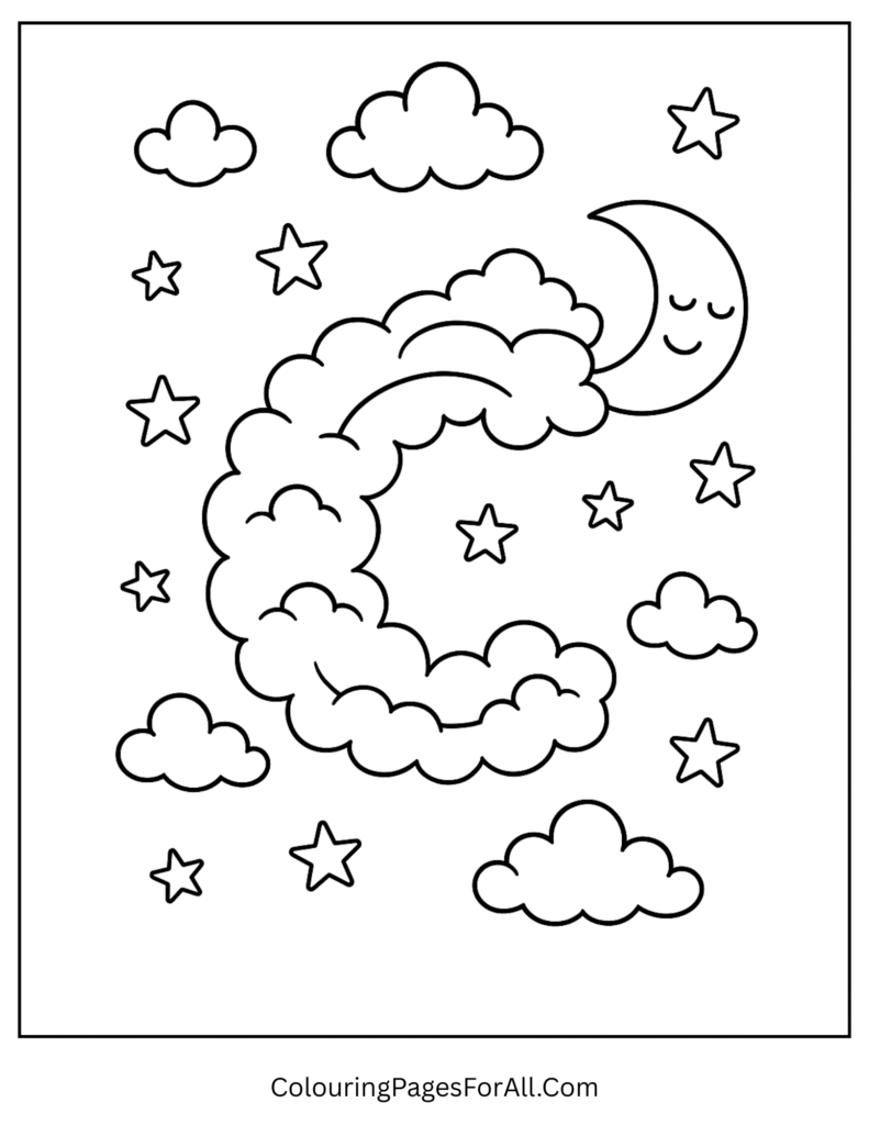 Dreamy cloud-shaped Letter C coloring page with stars and moon for kids