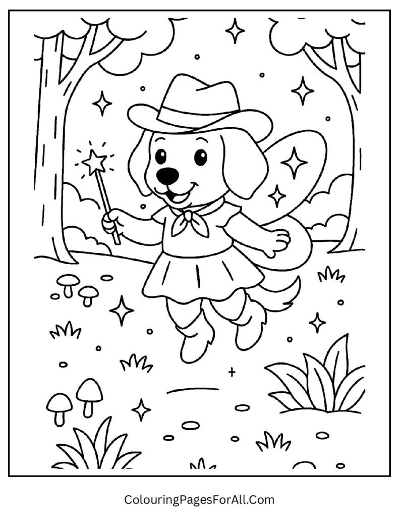Fairy dog with magical wings flying in enchanted forest