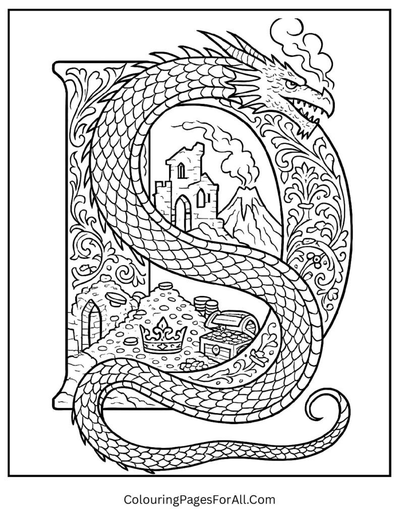 Fantasy dragon wrapped around Letter D with medieval castle, treasure hoard; detailed kids coloring page (2)