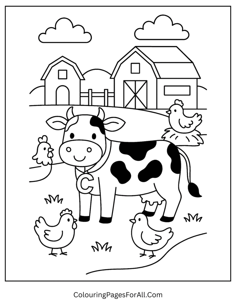 Farm animal coloring page with a cow wearing a bell shaped like the letter C