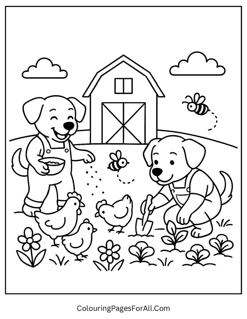 Farmer puppies feeding chickens in barnyard scene