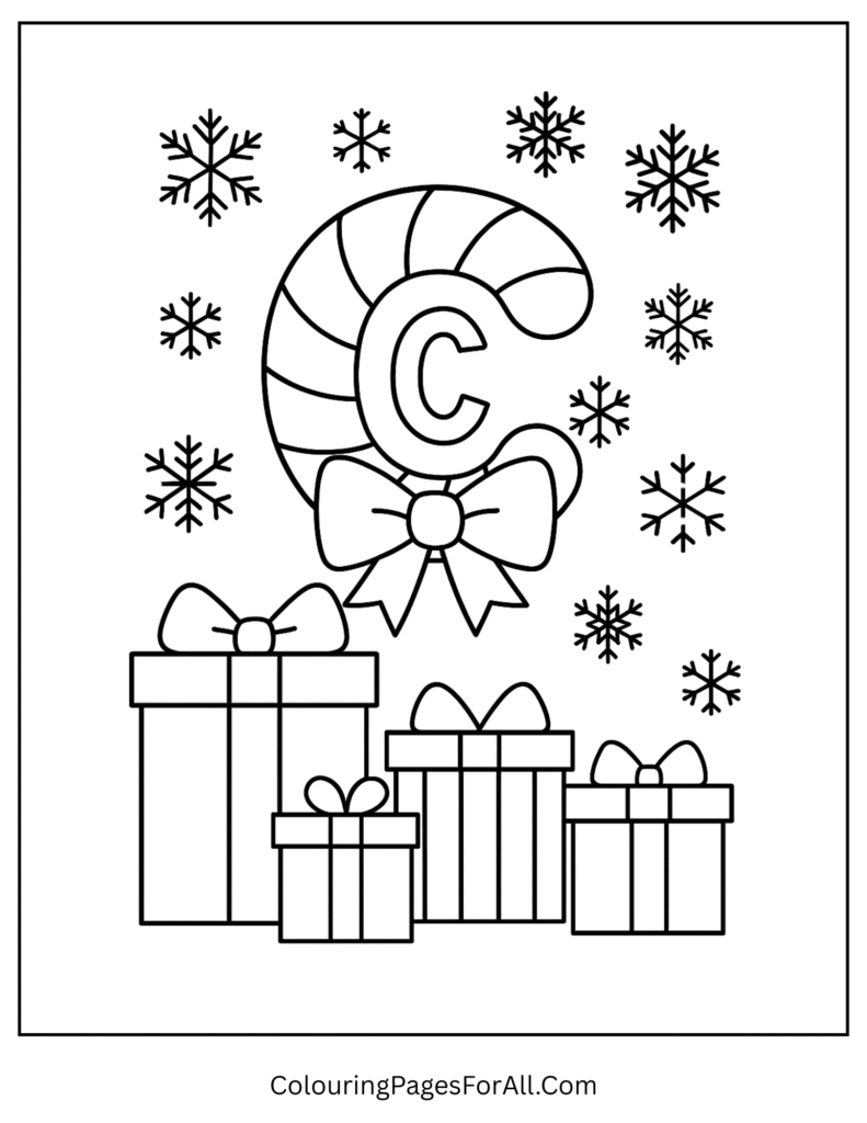 Festive Christmas coloring page for children with candy canes and a big letter C
