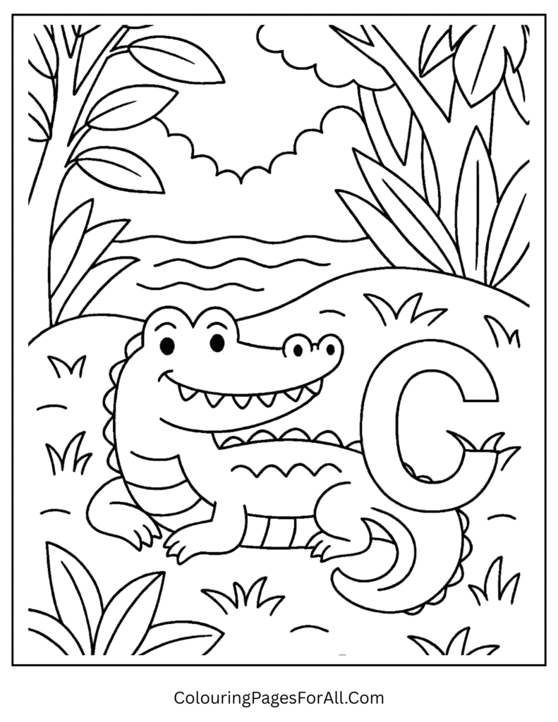 Funny crocodile coloring page with its tail shaped as the letter C for kids