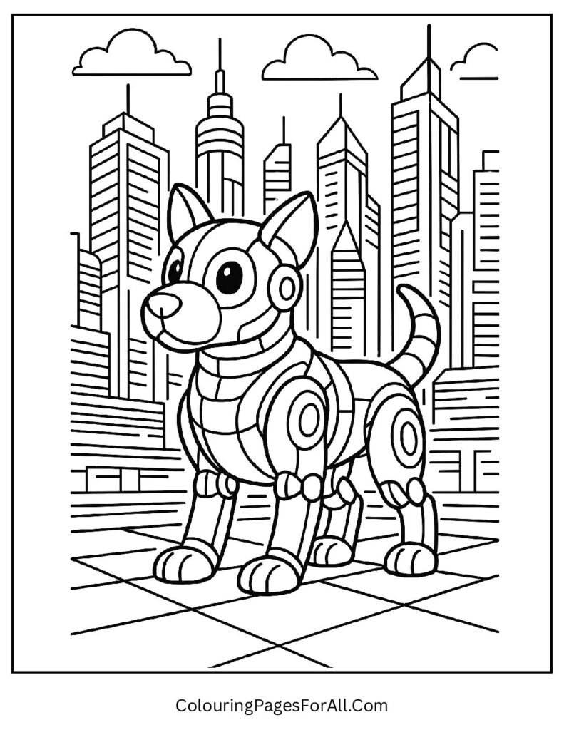 Futuristic robot puppy in sci-fi city with glowing lights