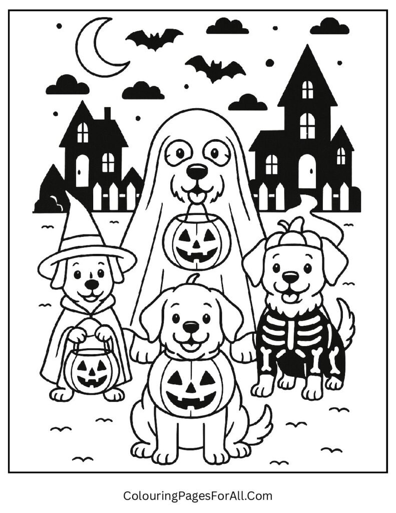Halloween puppies trick-or-treating in spooky costumes
