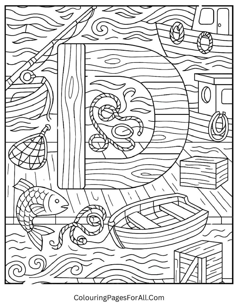 Harbor dock Letter D coloring page with boats, seagulls, fishing gear; nautical-themed kids coloring activity