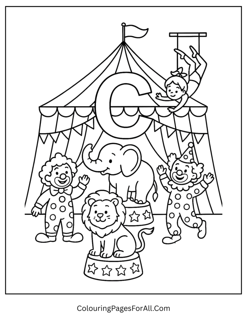 High-detail circus-themed Letter C coloring page with clowns, tent, and acrobats (1)