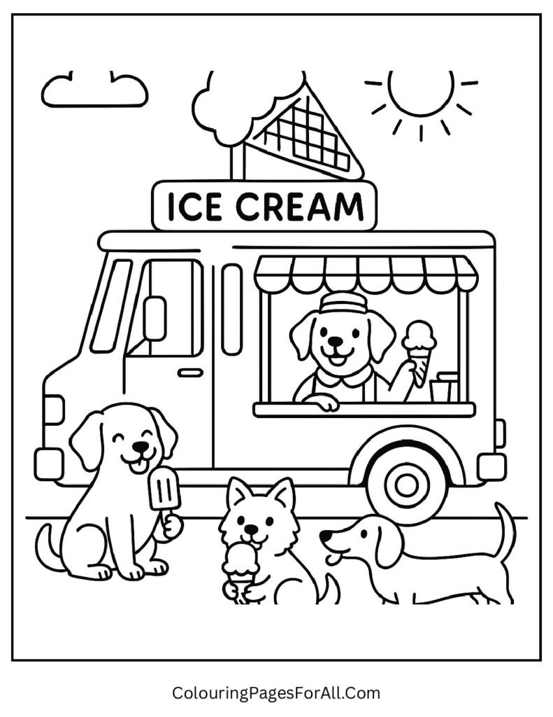 Ice cream truck with dogs enjoying treats summer coloring page