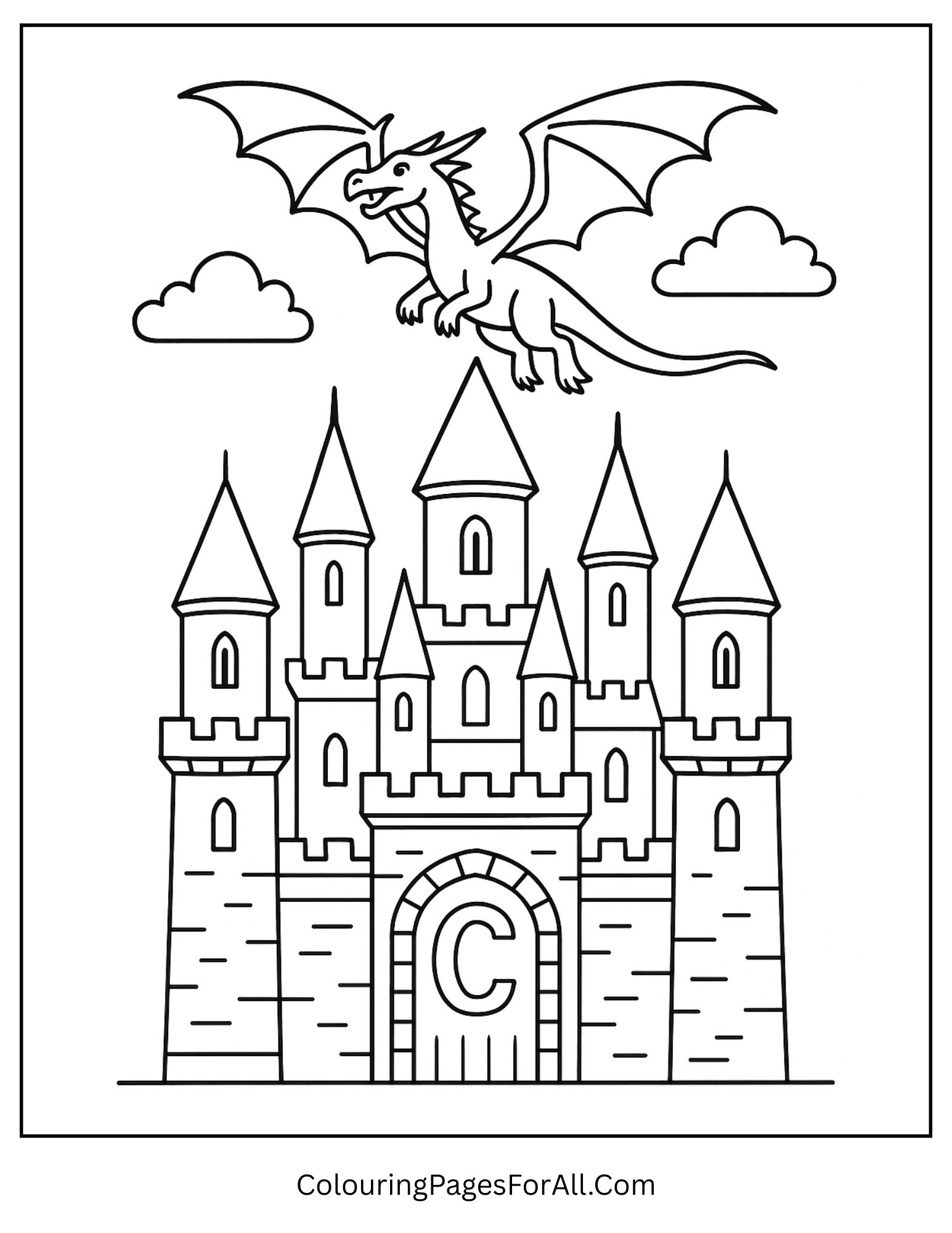 Letter C coloring page with a detailed medieval castle and dragon for kids