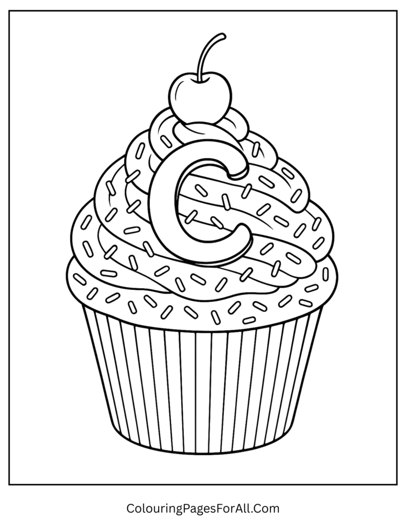 Letter C cupcake coloring page with sprinkles and frosting for kids to color
