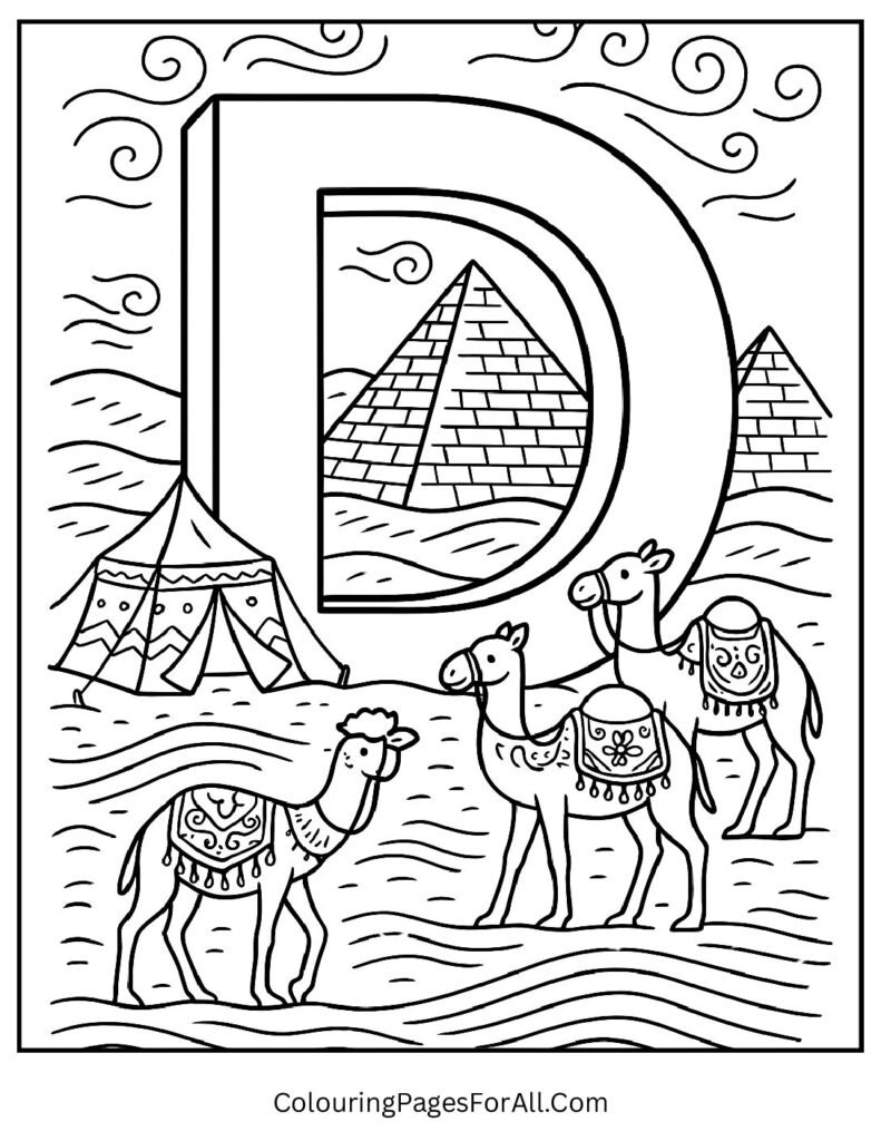 Letter D among desert dunes, camels, pyramids, tents; educational coloring page about desert landscapes