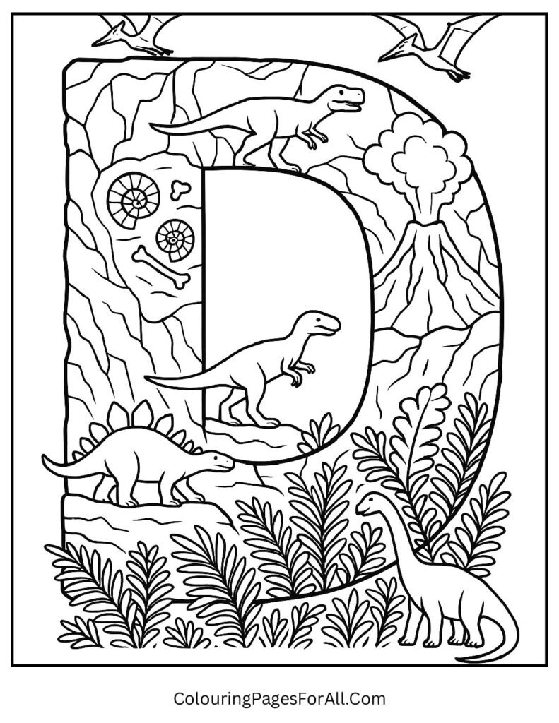 Letter D coloring page with dinosaurs, prehistoric jungle, volcano, fossils; fun printable kids activity (1)