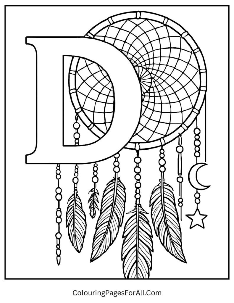 Letter D entwined with dreamcatcher, feathers, beads, celestial patterns; mindfulness coloring sheet for children