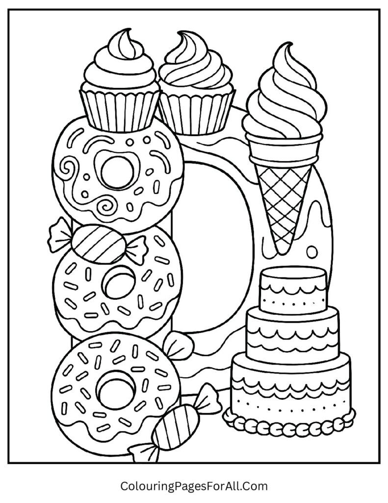 Letter D formed by desserts like cupcakes, donuts, ice cream; sweet treat-themed educational coloring sheet (1)